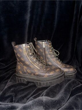 GUESS Brown Monogram Platform Lace-Up Combat Boots with Gold Accents